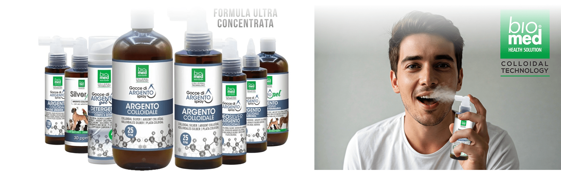 Gama de productos Biomed coloidales y hombre usando spray de plata coloidal