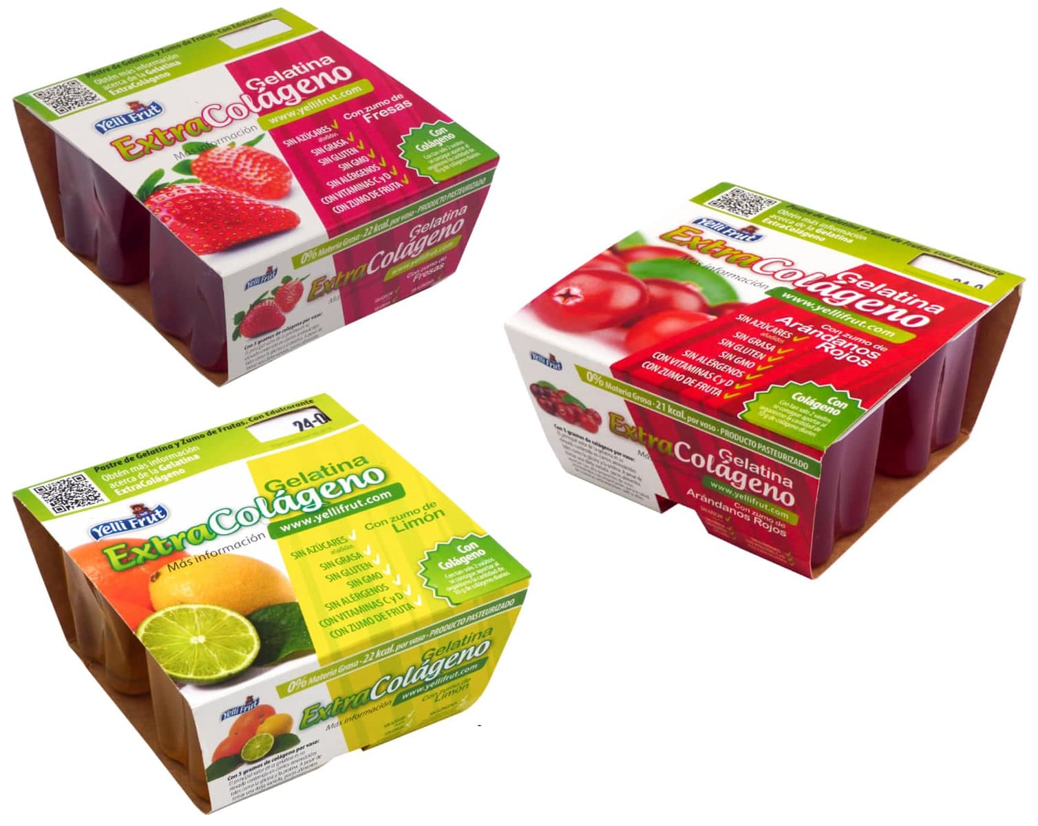Pack de gelatina con extra colágeno Yelli Frut en varios sabores: fresa, arándanos rojos y limón.