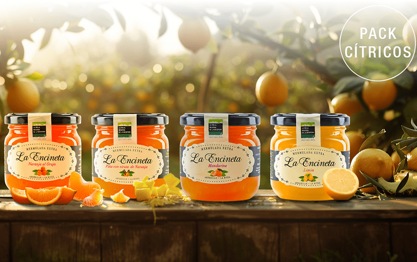Pack de mermeladas cítricas La Encineta con sabores de naranja, mandarina, piña y limón