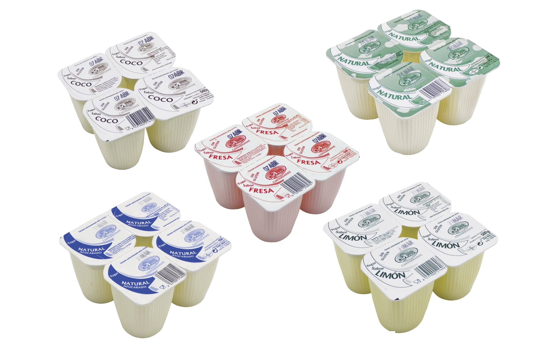 Pack de postres lácteos en vasos individuales con varios sabores: coco, fresa, natural y limón.