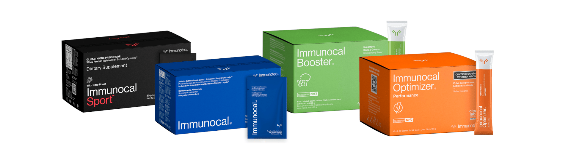 Productos Immunotec con cajas de Immunocal, Immunocal Sport, Immunocal Booster y Immunocal Optimizer
